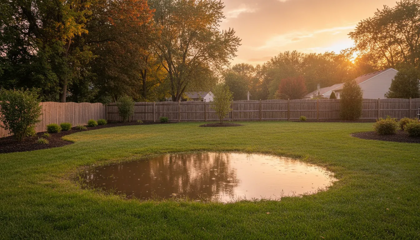 Standing water pooled in a low spot of a backyard lawn after rain