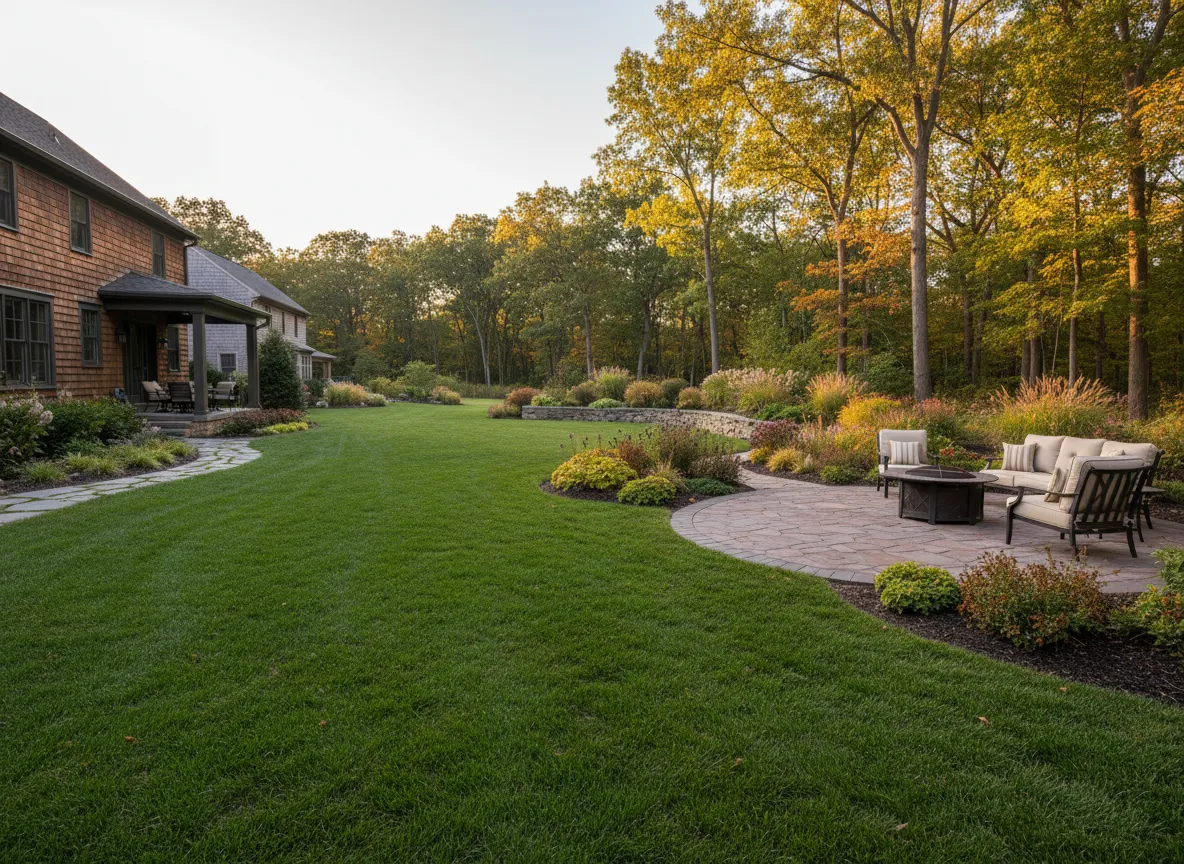 Dry, even green lawn in a backyard with garden beds and a paver patio
