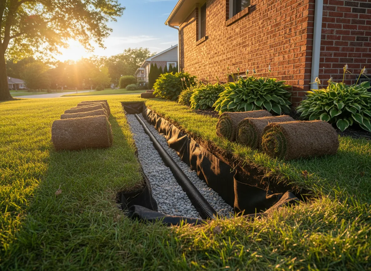 French drain trench with perforated pipe on washed gravel beside a brick home