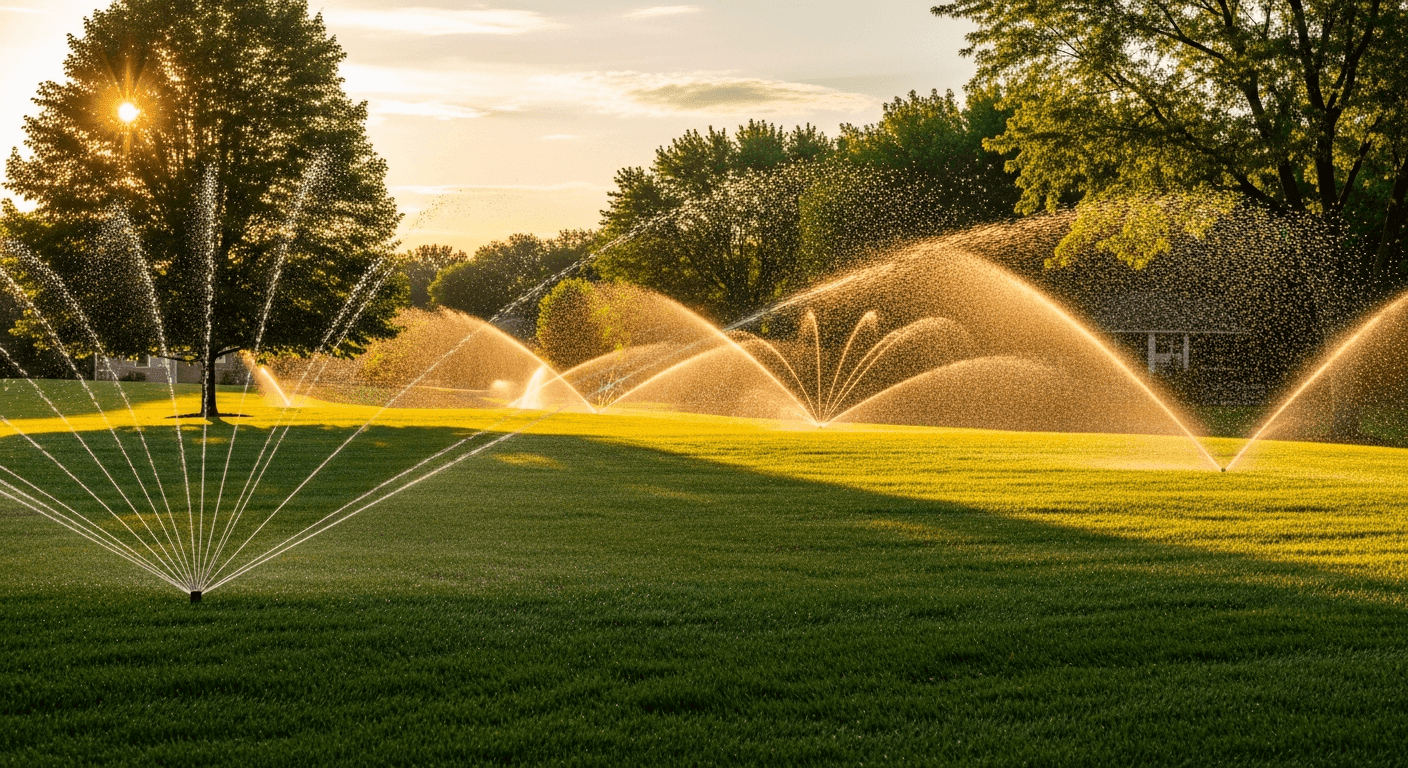 Irrigation system watering a vibrant lawn