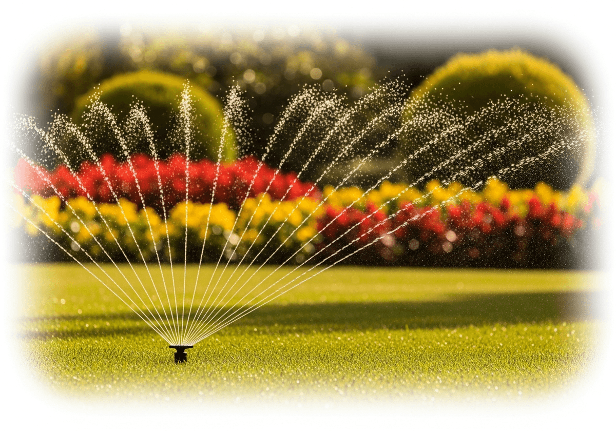 Sprinkler system watering a residential landscape with green lawn and garden beds