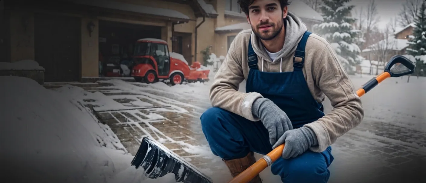 Snow removal worker with shovel