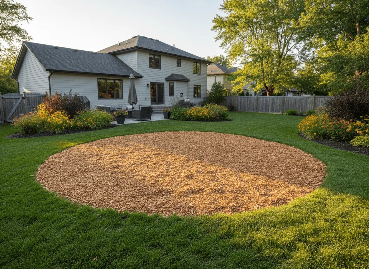 Circle of fresh wood chips in a back yard lawn where a tree was removed and the stump ground out